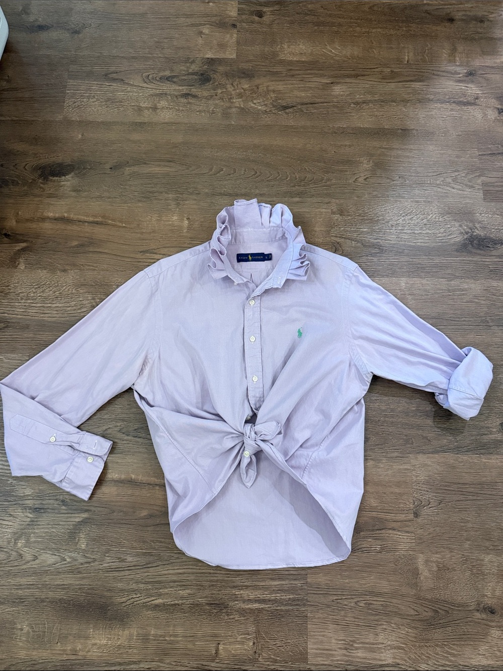Upcycled Ralph Lauren Light Lavender Ruffle-Collar Button-Down Shirt Size Large